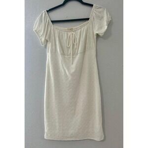 Heart Hips White Eyelet Off Shoulder Puff Sleeve Tie Neck Mini Dress Size L